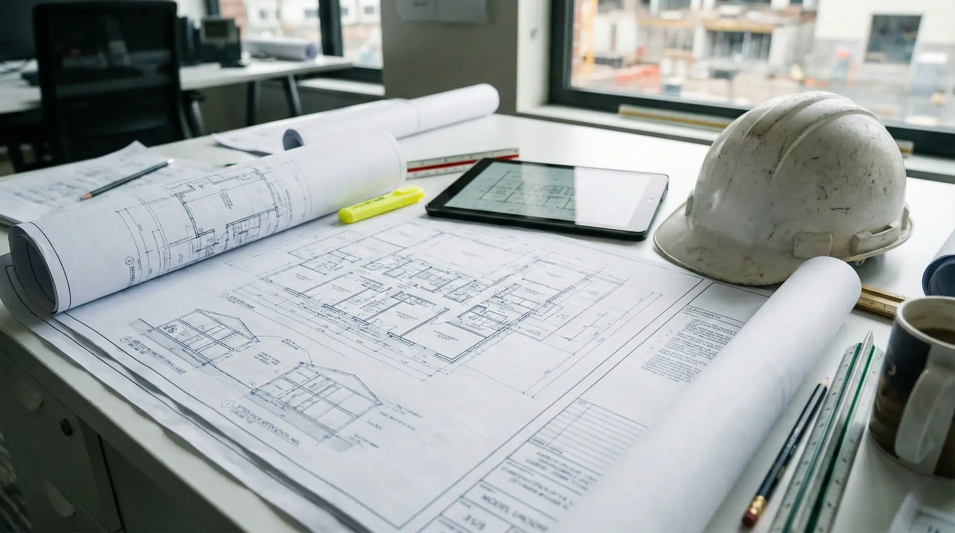 Architekturpläne und Bauhelm auf dem Tisch im Baubüro