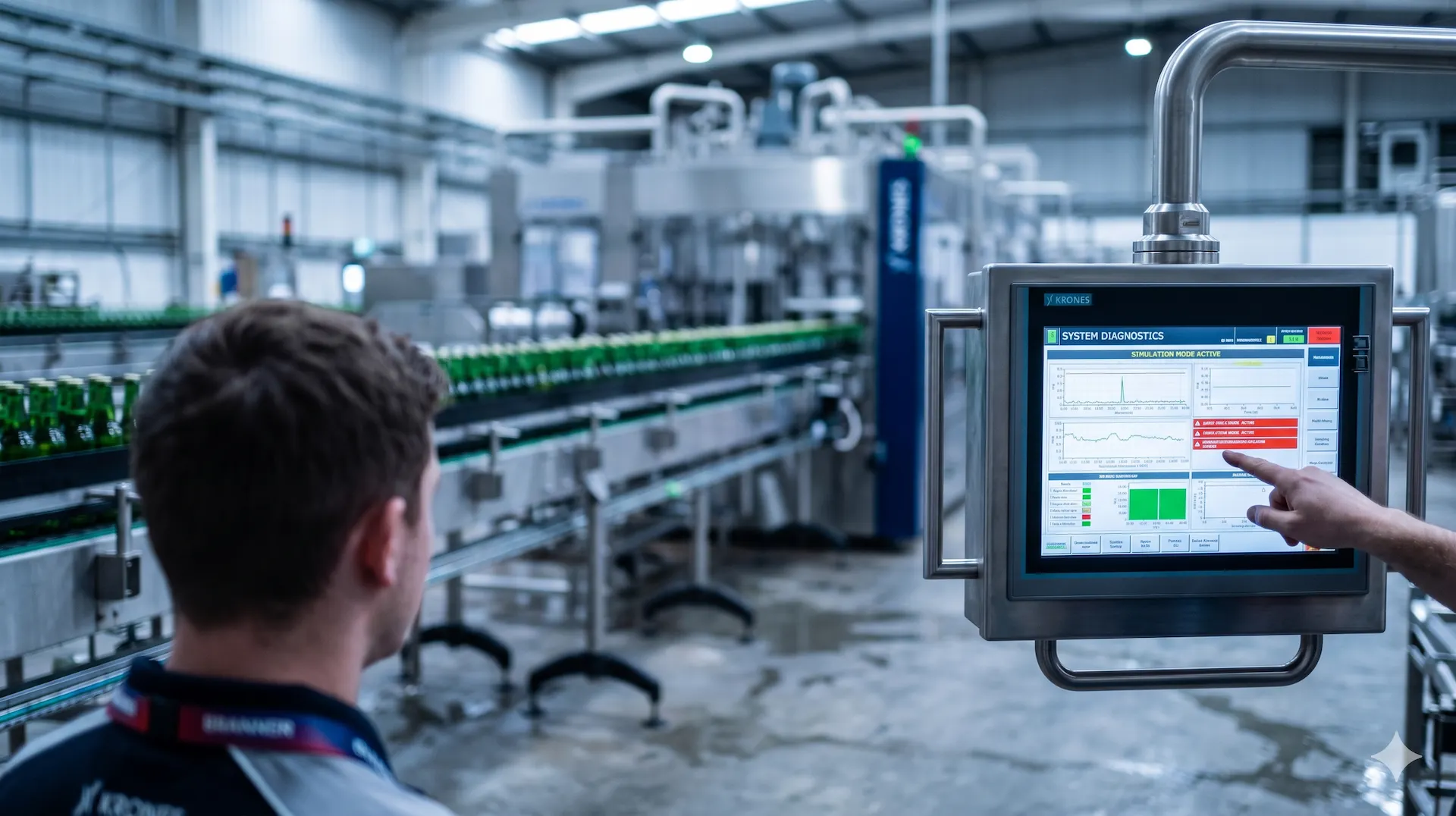 Schulung eines Automatisierungstechnikers am HMI-Bedienpanel in der Brauerei – Blick über die Schulter auf den Diagnosebildschirm vor dem Hintergrund einer unscharfen Produktionshalle.