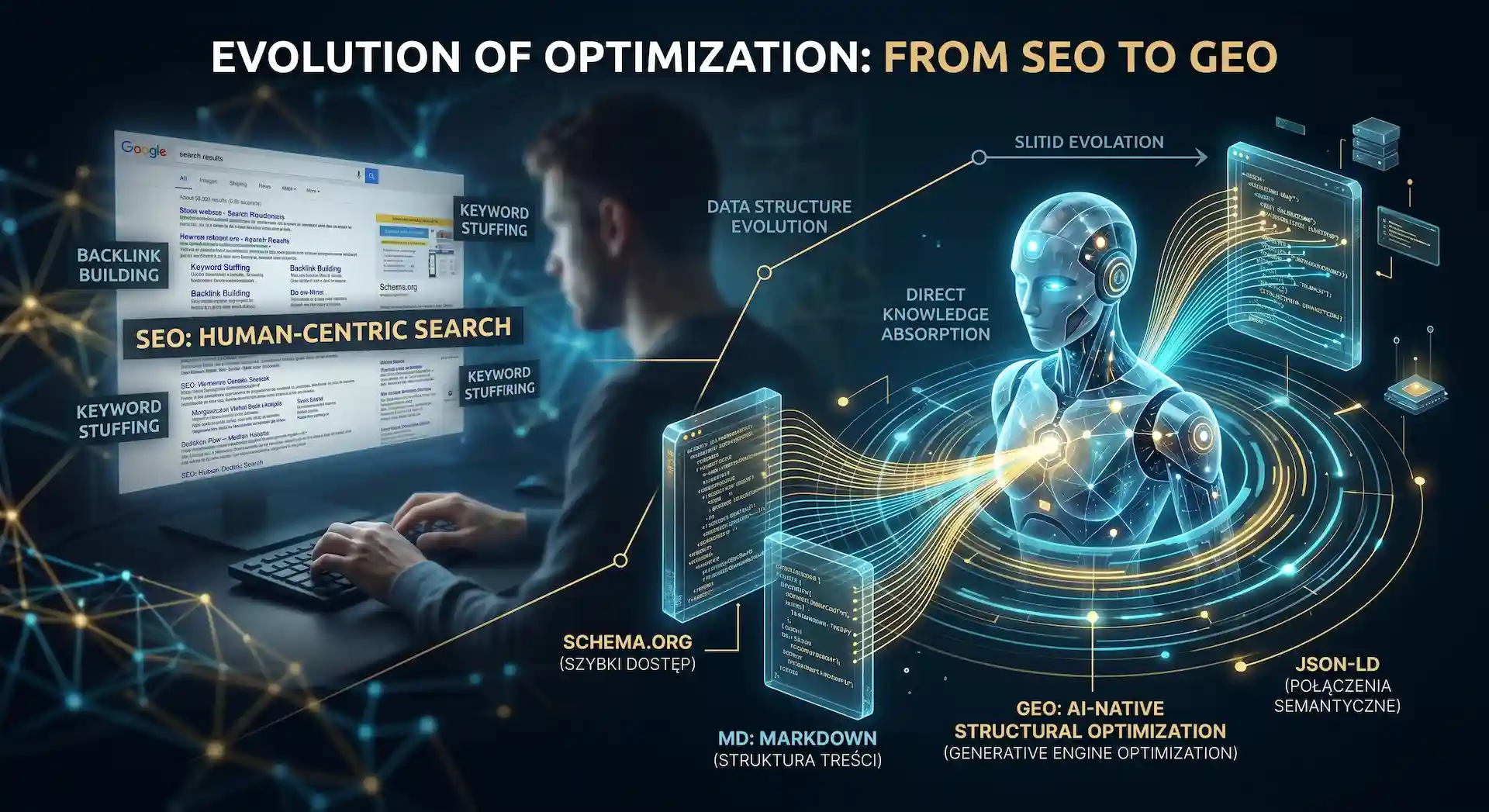 Infografika przedstawiająca różnicę między tradycyjnym SEO (użytkownik przed monitorem) a GEO (algorytm AI pobierający dane bezpośrednio z plików JSON-LD i Markdown).