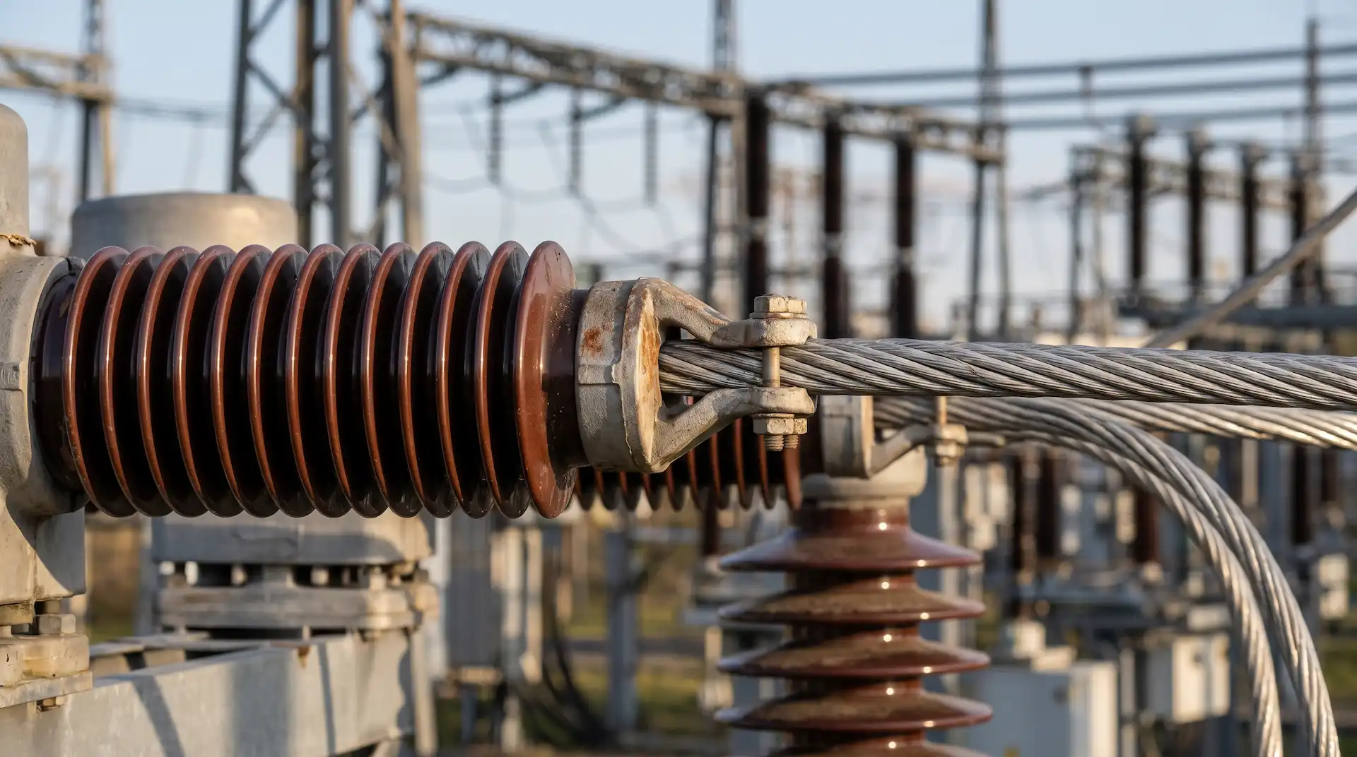 Detaillierte Makroaufnahme eines Hochspannungsschalters in einem PSE-Umspannwerk, zeigt braune Keramikisolatoren und dicke Aluminiumleiter vor dem Hintergrund verschwommener Energieinfrastruktur.