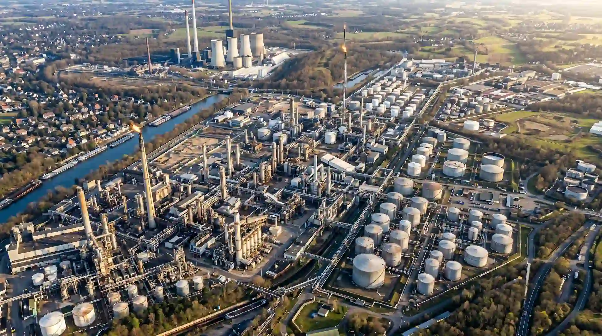 Widok z lotu ptaka na instalacje przemysłowe rafinerii BP w Gelsenkirchen