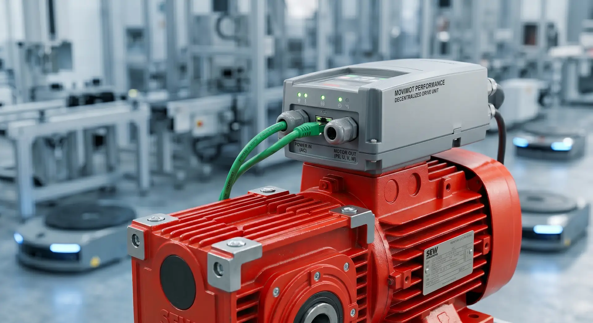 Nahaufnahme eines modernen SEW-EURODRIVE Getriebemotors in Rot mit montiertem grauem dezentralem Frequenzumrichter im Industrie 4.0 Standard.