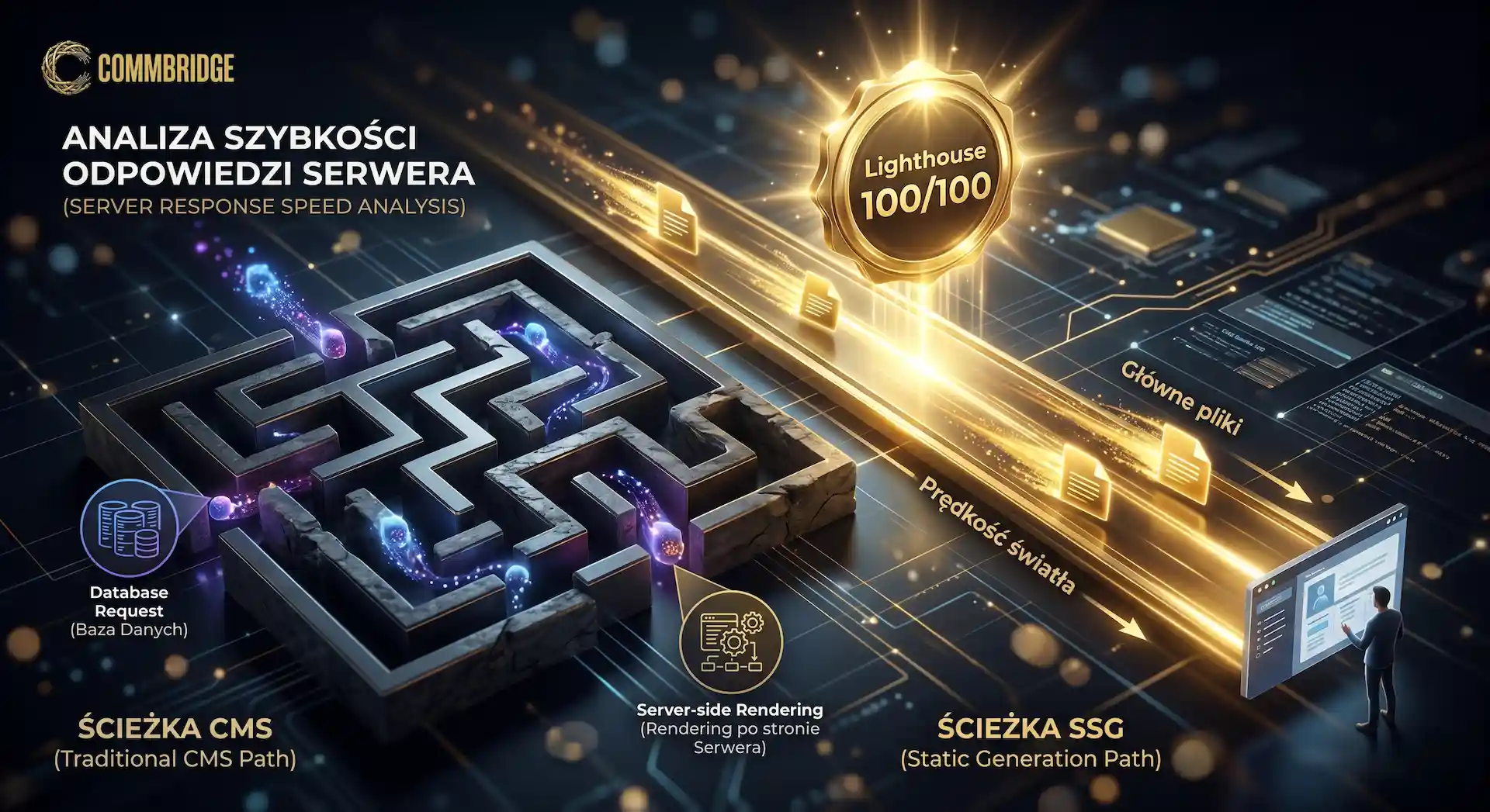 Futurystyczna infografika porównująca wydajność architektury stron WWW: Tradycyjny system CMS przedstawiony jako ciemny, kręty labirynt z wąskimi gardłami zapytań do bazy danych vs. Custom SSG ukazany jako prosta, złota autostrada przesyłająca dane z prędkością światła bezpośrednio do użytkownika, zwieńczona odznaką Google Lighthouse 100/100.