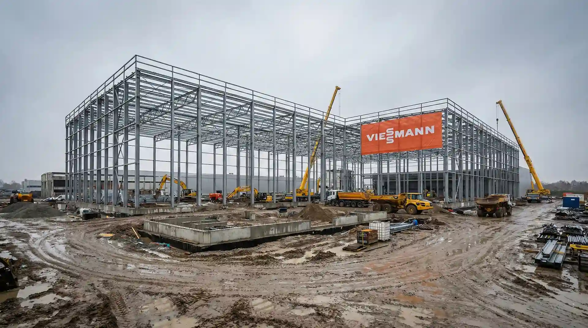 Baustelle der Viessmann-Fabrik in Legnica – Stahlbau-Phase