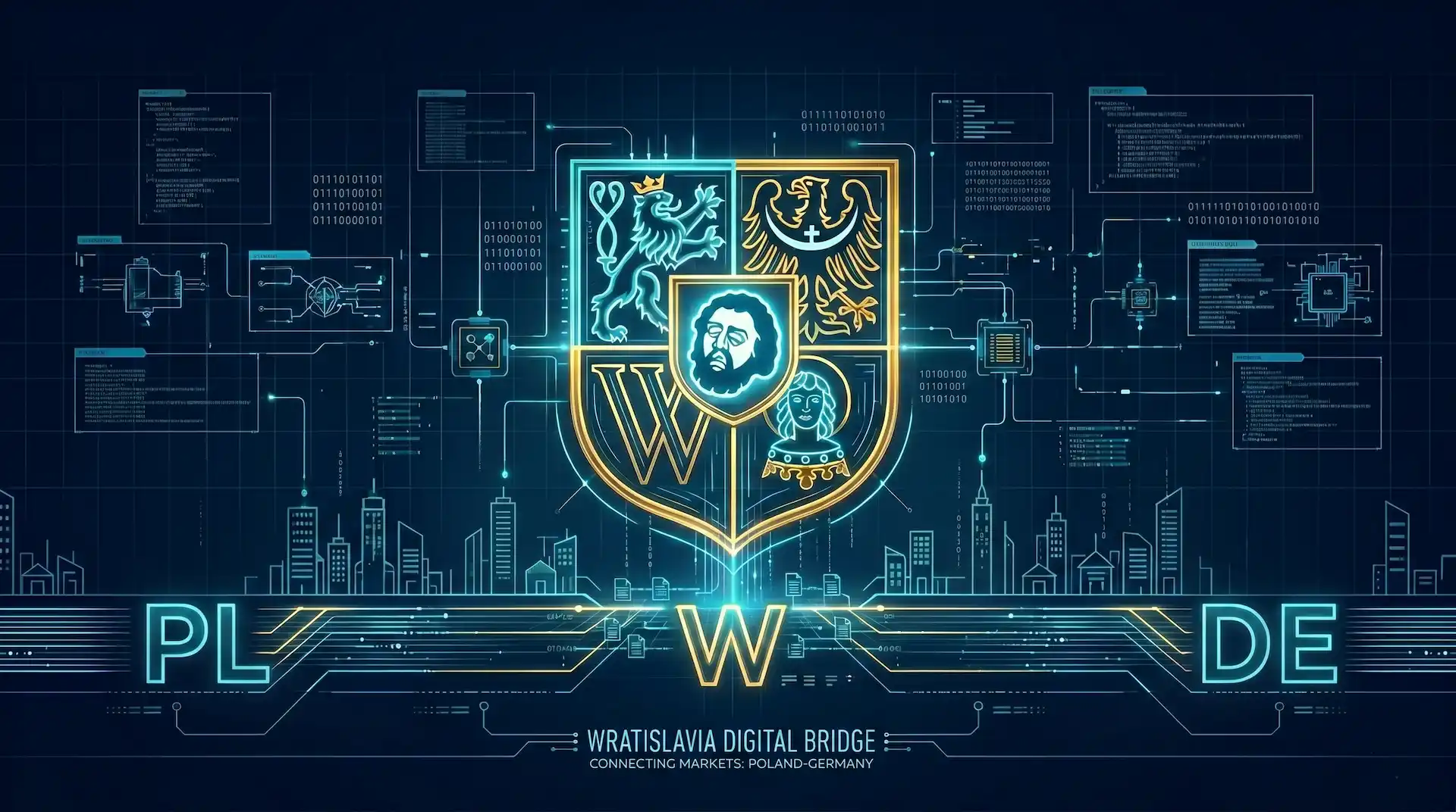 Futurystyczna, cyfrowa interpretacja herbu Wrocławia w kolorystyce ciemnego błękitu i&nbsp;złota, symbolizująca połączenie lokalnej tradycji z&nbsp;nowoczesną technologią i&nbsp;rynkiem międzynarodowym.